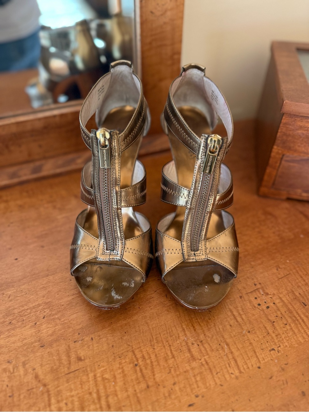 Michael Kors Metallic Bronze Zip-Front High Heel Sandals